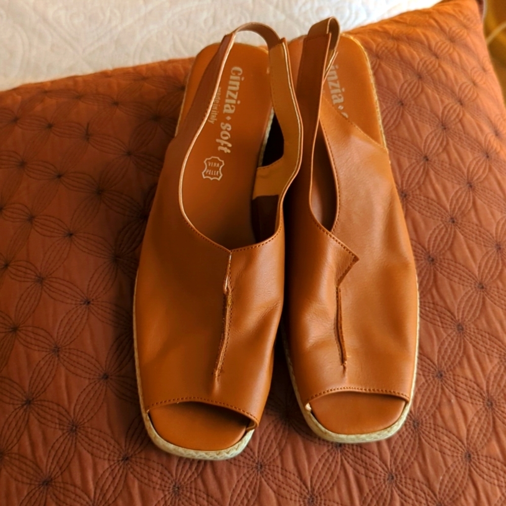 Cinzia Italian Leather and Straw- heel Wedge Sandals